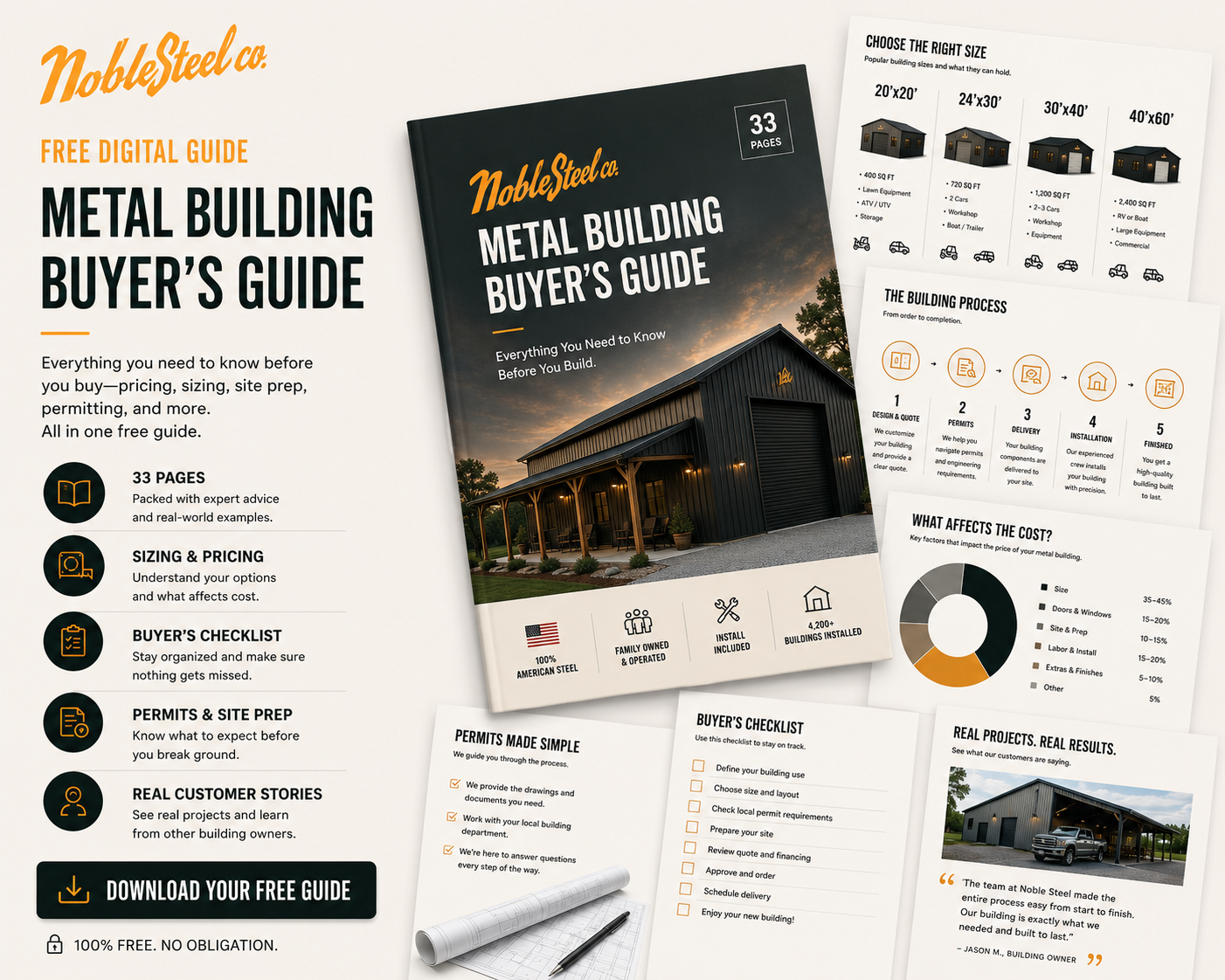 Montana Metal Buildings Buyer's Guide featuring NobleSteel Co. branding, the guide cover, and interior page previews