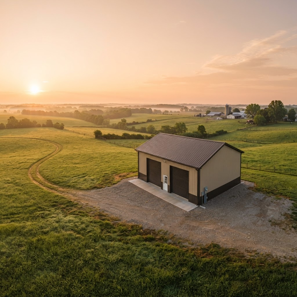 Aerial view of metal building on farmland at sunrise