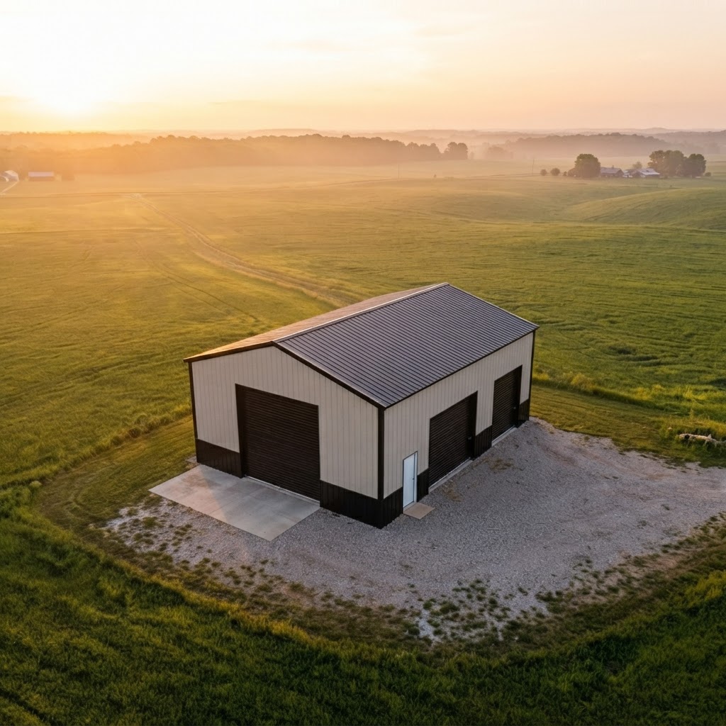 Aerial view of metal building on farmland at sunrise