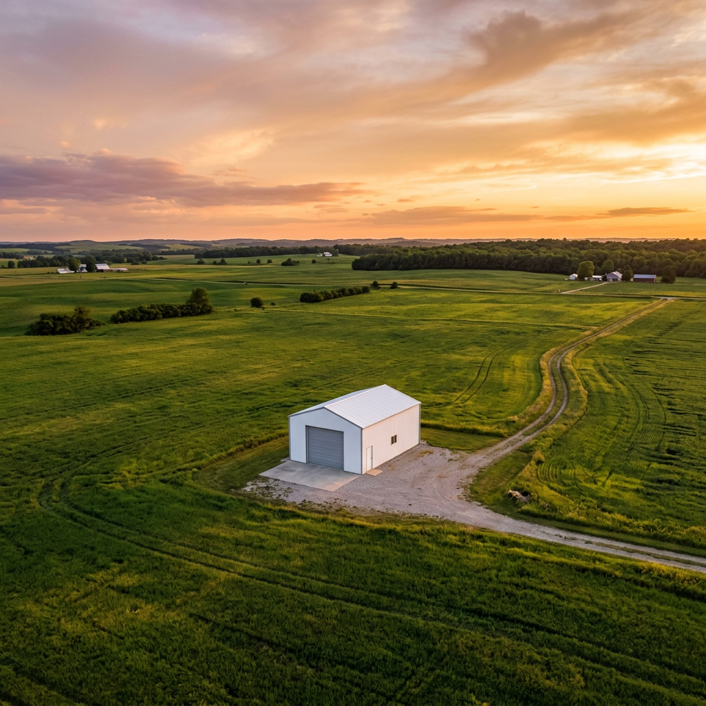 Aerial view of metal building on farmland at sunset