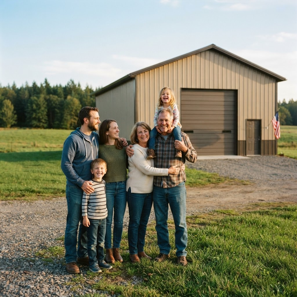 A family of six standing together in front of their tan metal building on a grassy rural property at sunset
